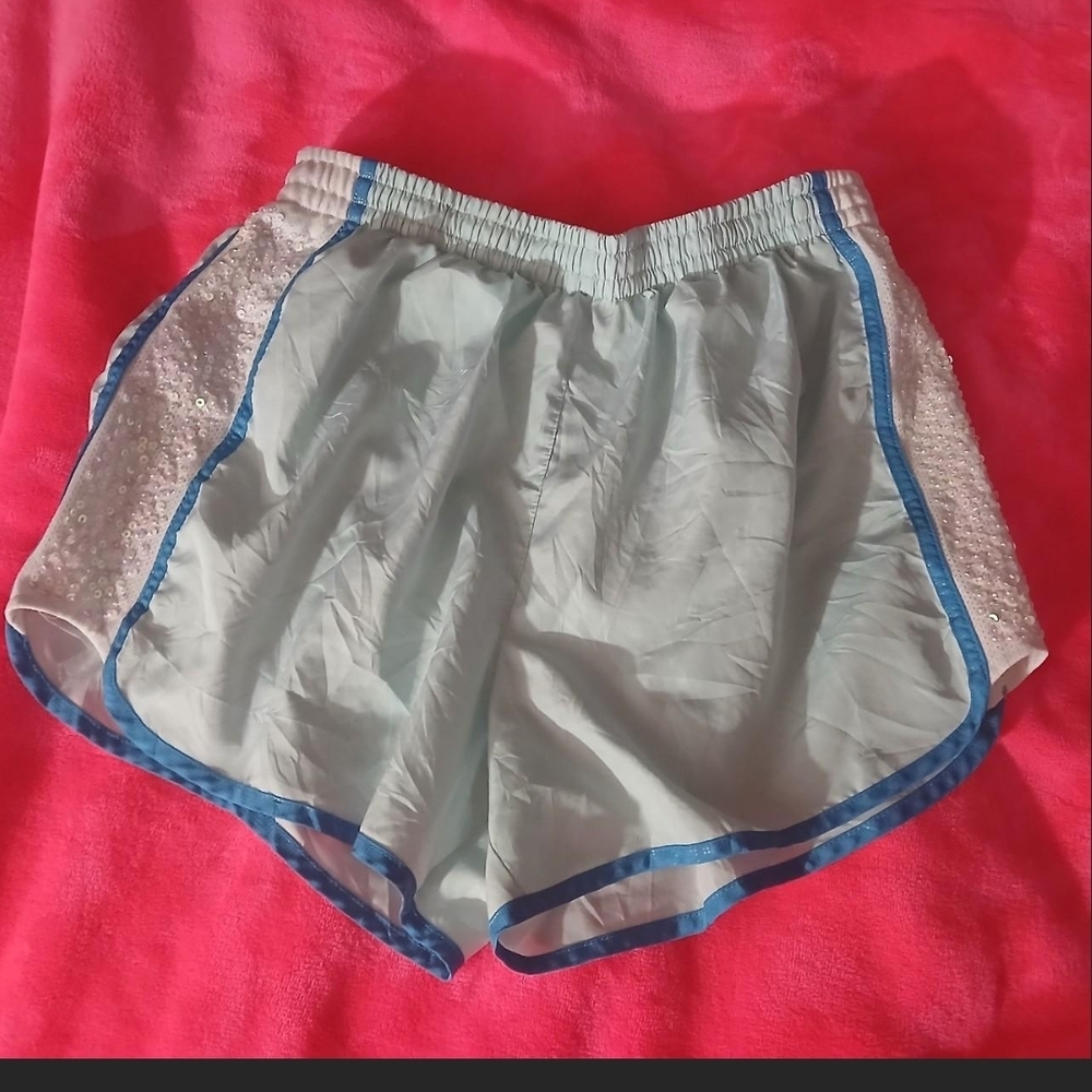HTF PINK VS Lite Green Athletic Shorts Blue Trim Sequined Side Accents Stretch